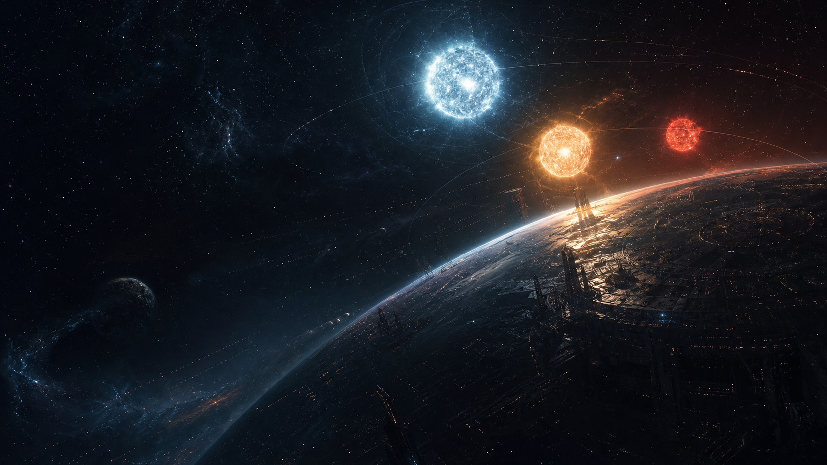 三颗颜色不同的恒星照耀着深空中的行星文明